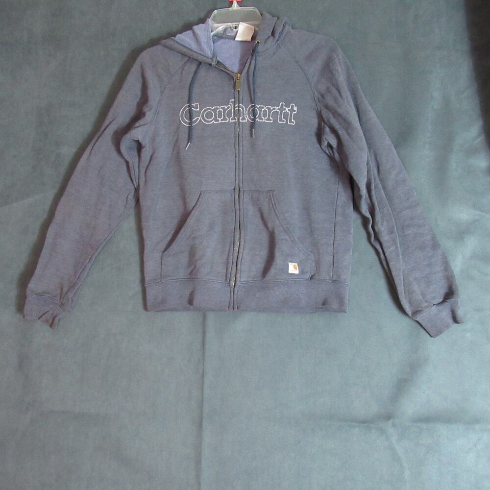 Carhartt Hoodie Womens XS Blue Embroidered Logo Full Zip Sweatshirt Work Grunge